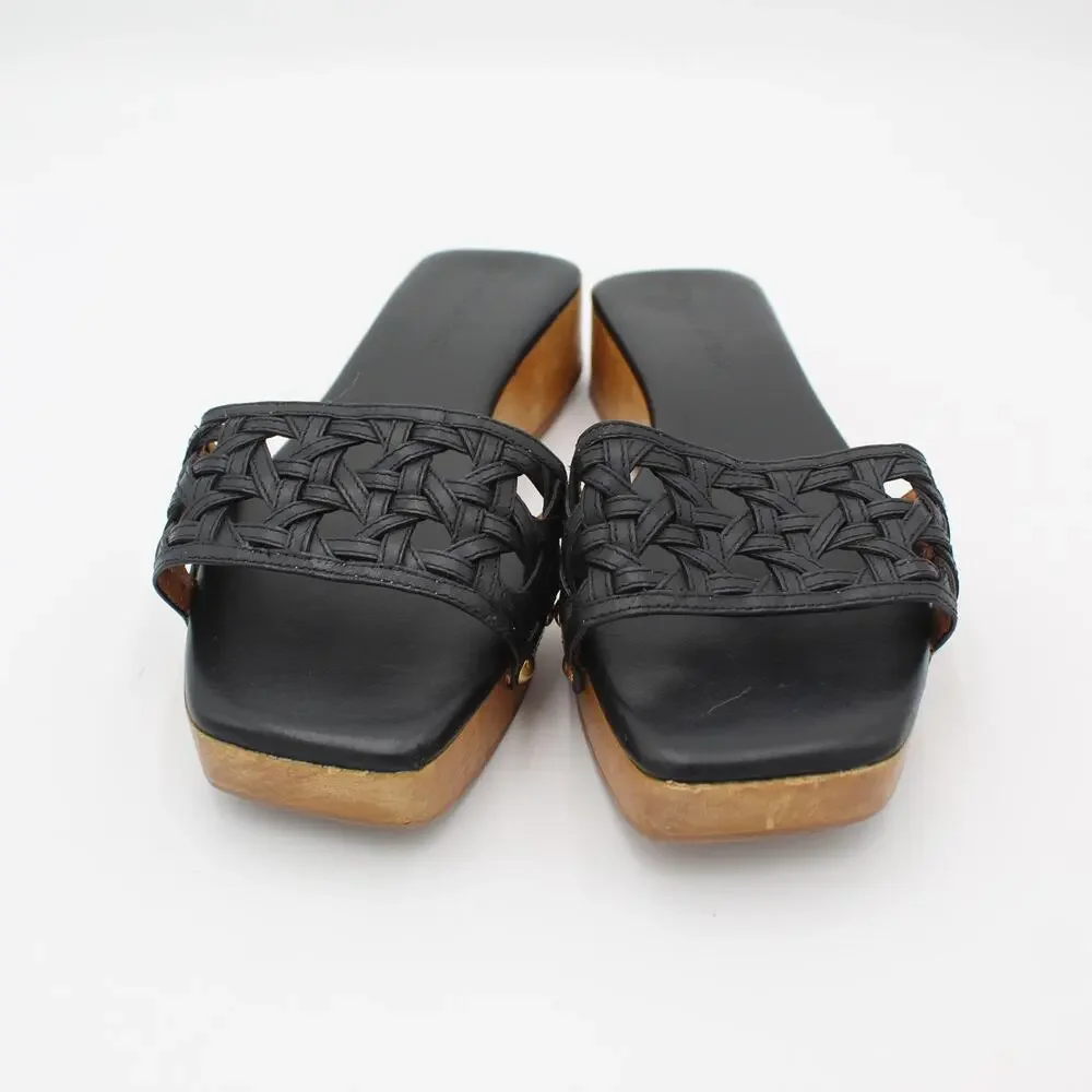 Tory Burch Sandals Womens 10 Basketweave Leather Wood Clogs Black Open Toe